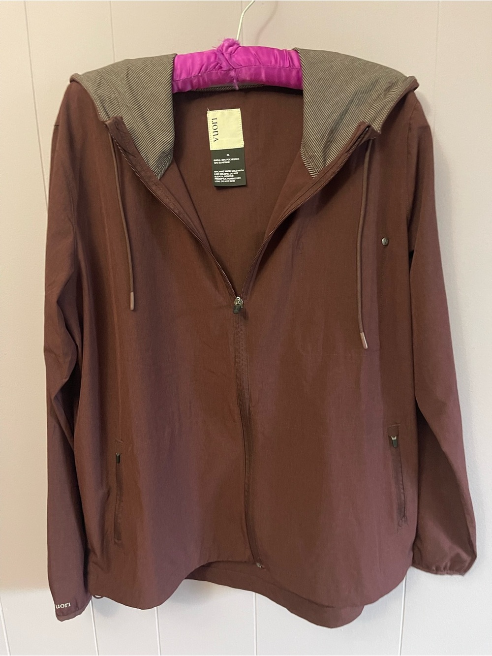 Vuori Burgundy Hooded Utility Jacket with Striped Lining